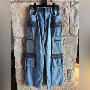 Alice and Olivia - Light Blue Denim Cargo Pants with Black Tweed Accents